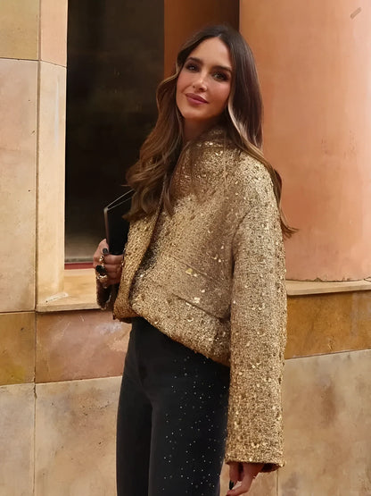 Women's Gold Metallic Bomber Jacket Textured