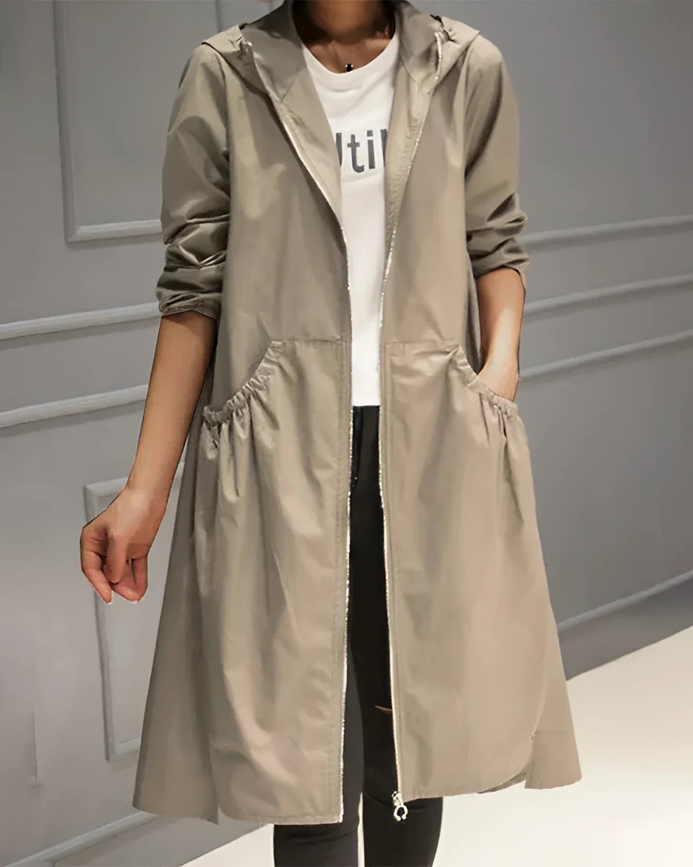 Women's Waterproof Hooded Trench Coat Beige Lightweight - VibreMode