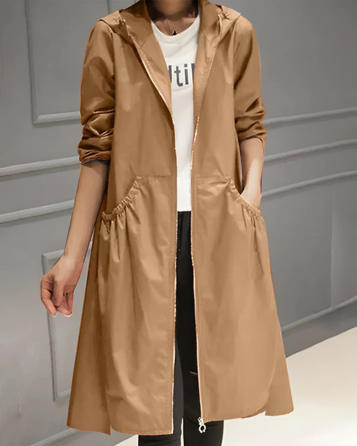 Women's Waterproof Hooded Trench Coat Beige Lightweight