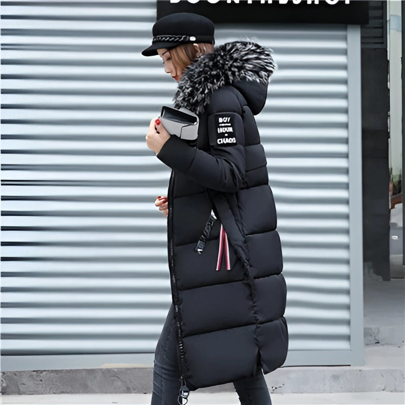 Women's Black Puffer Coat Faux Fur Hood Insulated - VibreMode