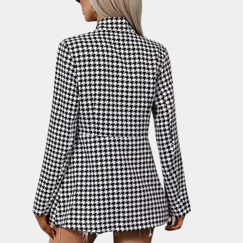 Women's Houndstooth Blazer Black White - VibreMode
