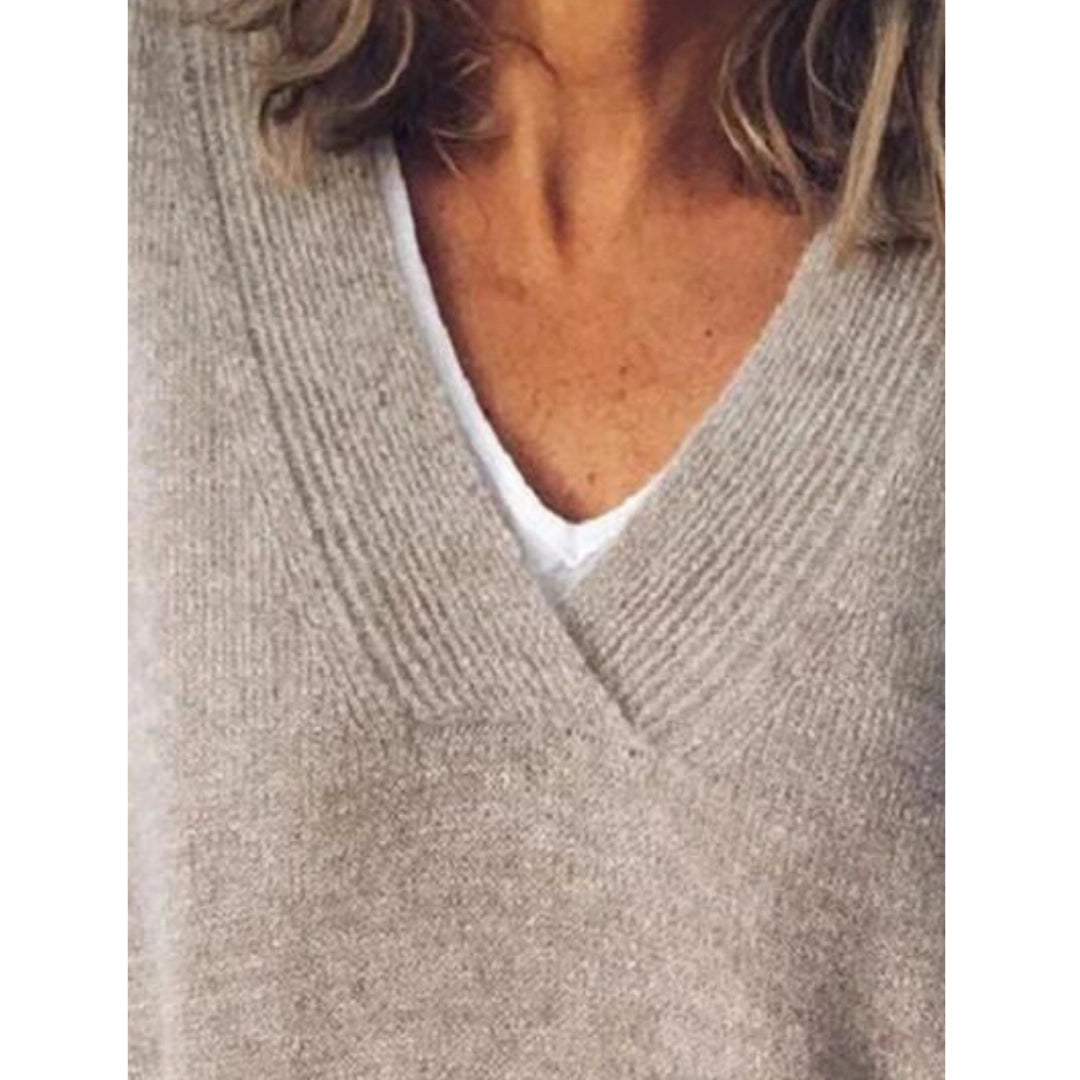 Women's Soft Gray Cashmere V-Neck Sweater Lightweight - VibreMode