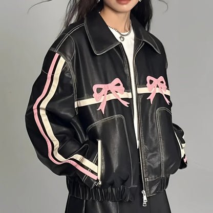 Women's Leather Jacket Metallic Stripes Bow Detail