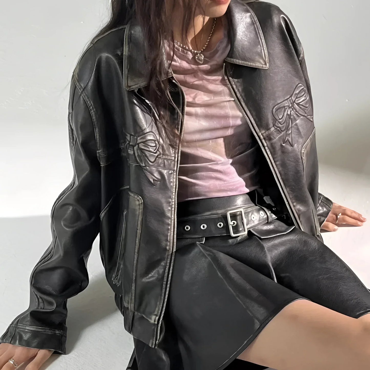 Women's Leather Jacket Metallic Stripes Bow Detail