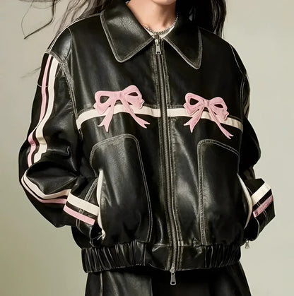 Women's Leather Jacket Metallic Stripes Bow Detail