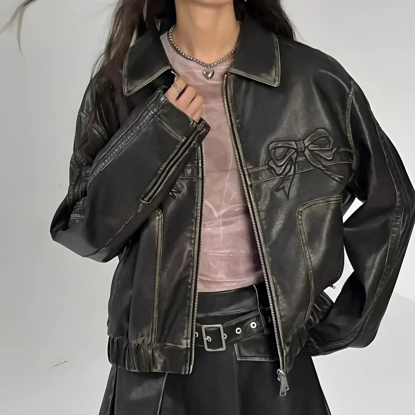Women's Leather Jacket Metallic Stripes Bow Detail