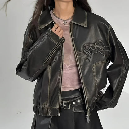 Women's Leather Jacket Metallic Stripes Bow Detail