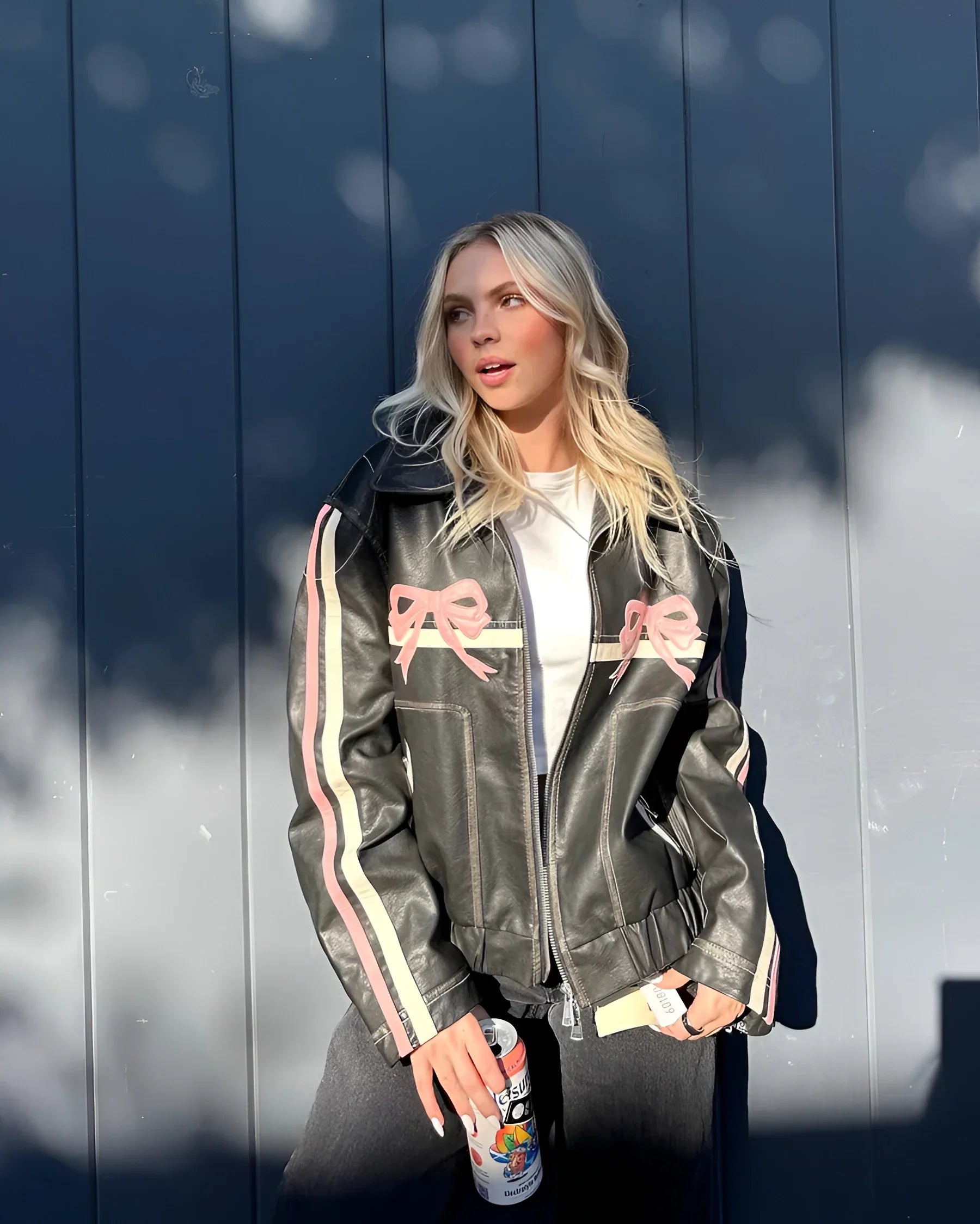Women's Leather Jacket Metallic Stripes Bow Detail - VibreMode
