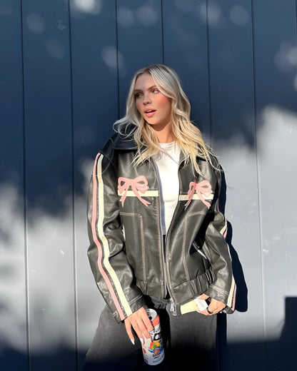 Women's Leather Jacket Metallic Stripes Bow Detail - VibreMode
