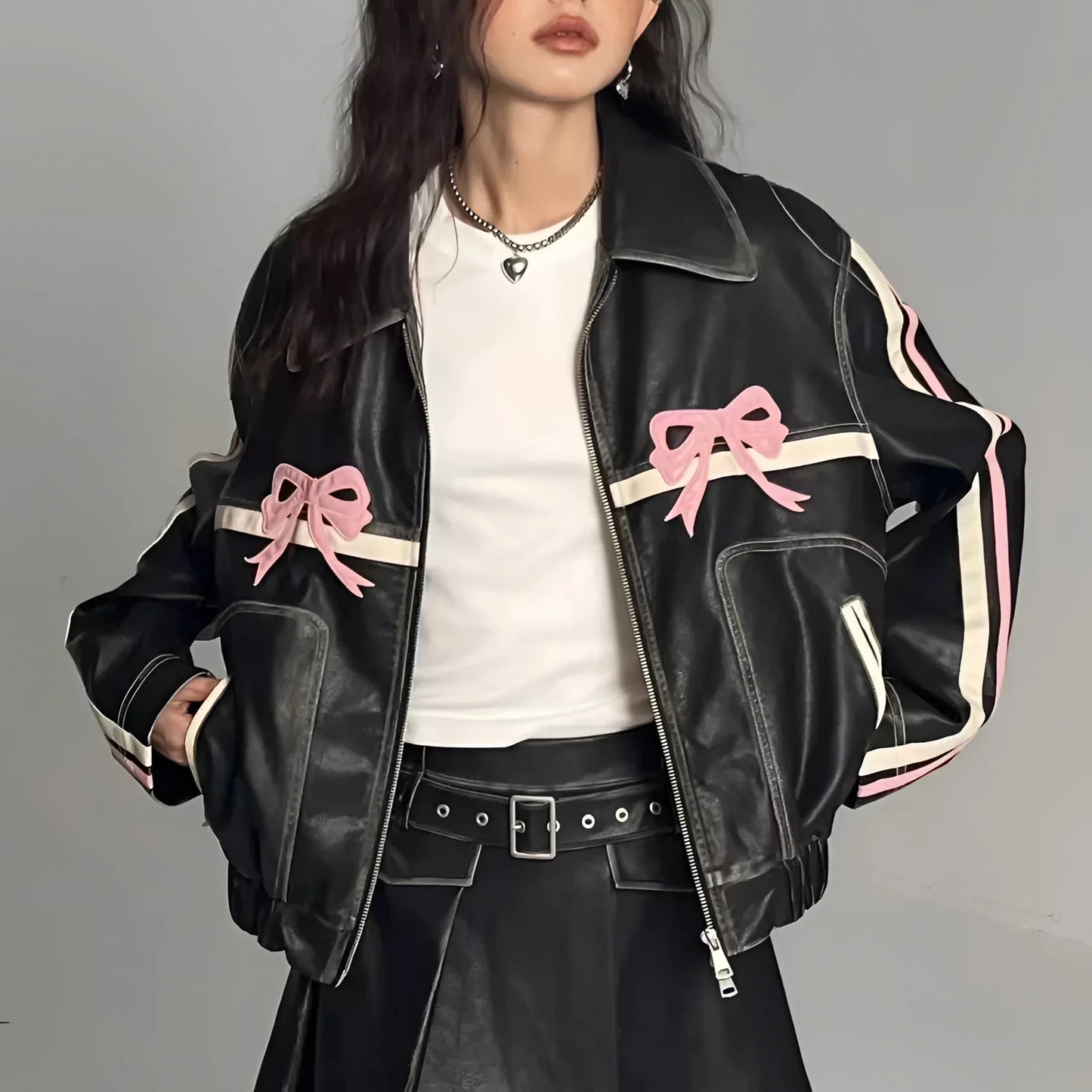 Women's Leather Jacket Metallic Stripes Bow Detail