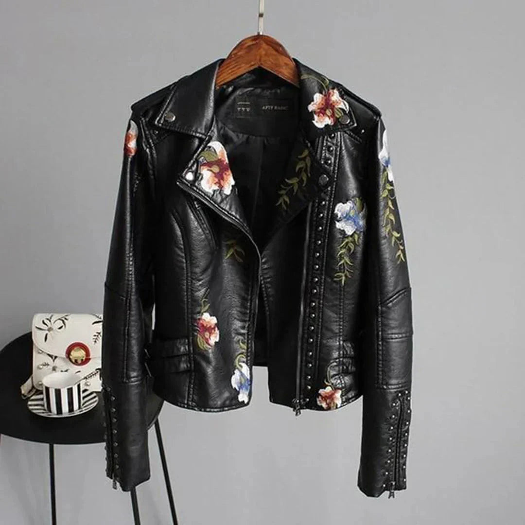 Women's Leather Bomber Jacket Embroidered White