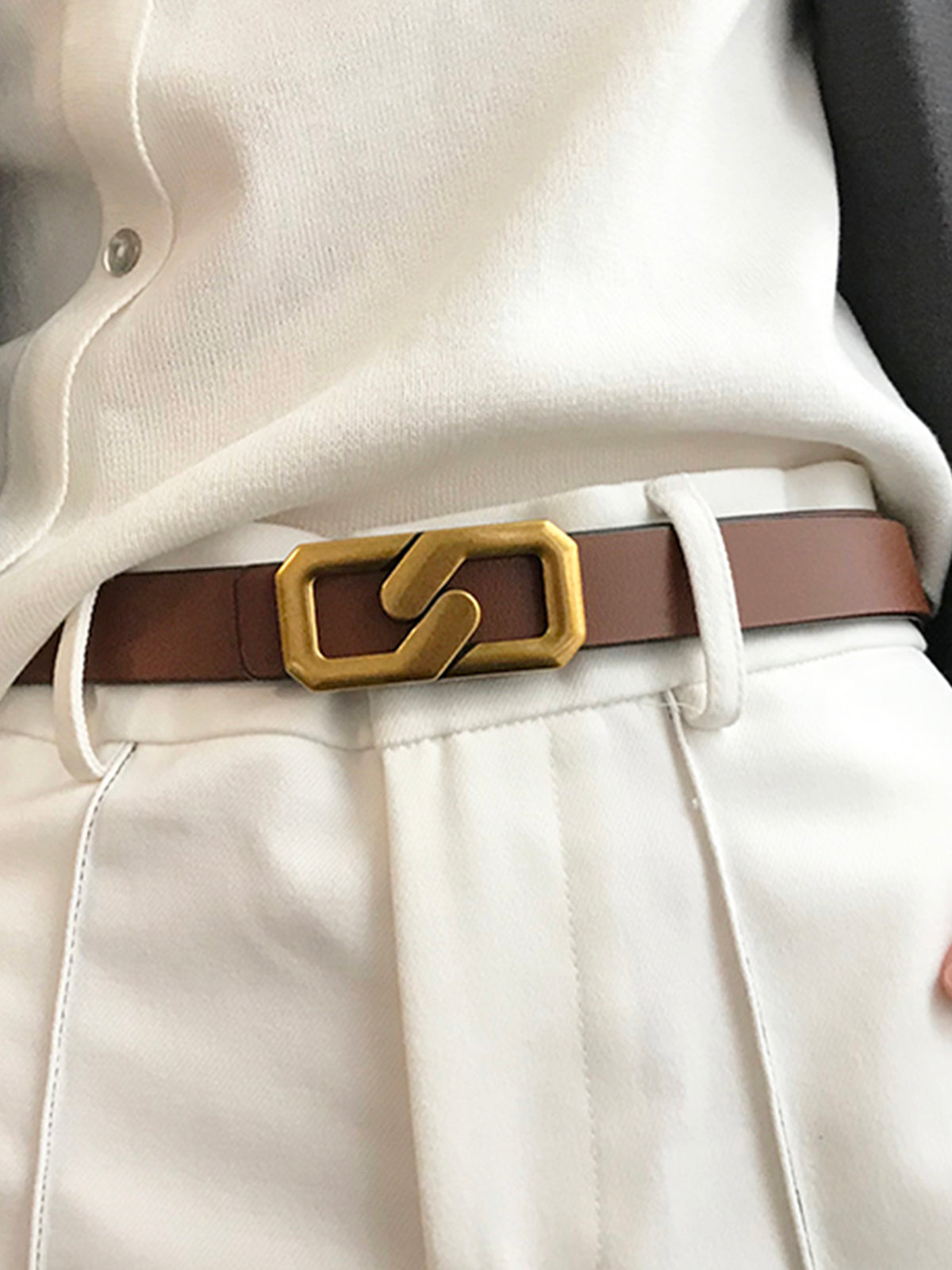 Women's Leather Belt Geometric Buckle Modern Black - VibreMode