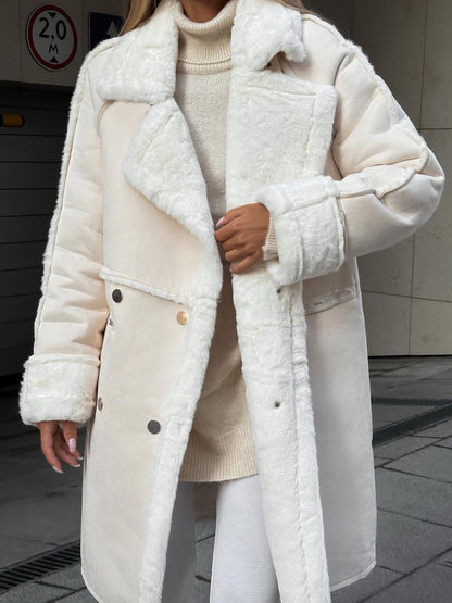 Women's Plus Size Winter Coat Fur Lapel Collar Snap Front Black - VibreMode