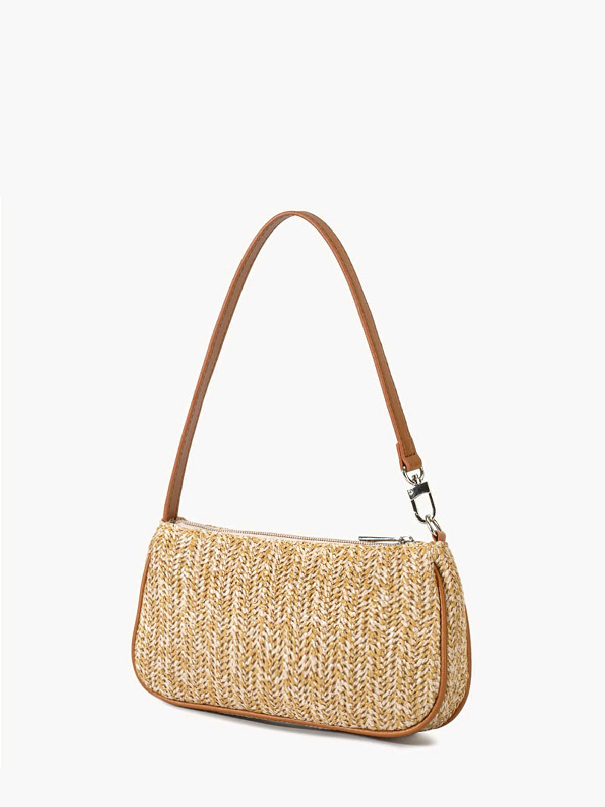 Women's Woven Straw Baguette Bag Zipper Closure Detachable Strap