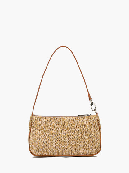 Women's Woven Straw Baguette Bag Zipper Closure Detachable Strap - VibreMode