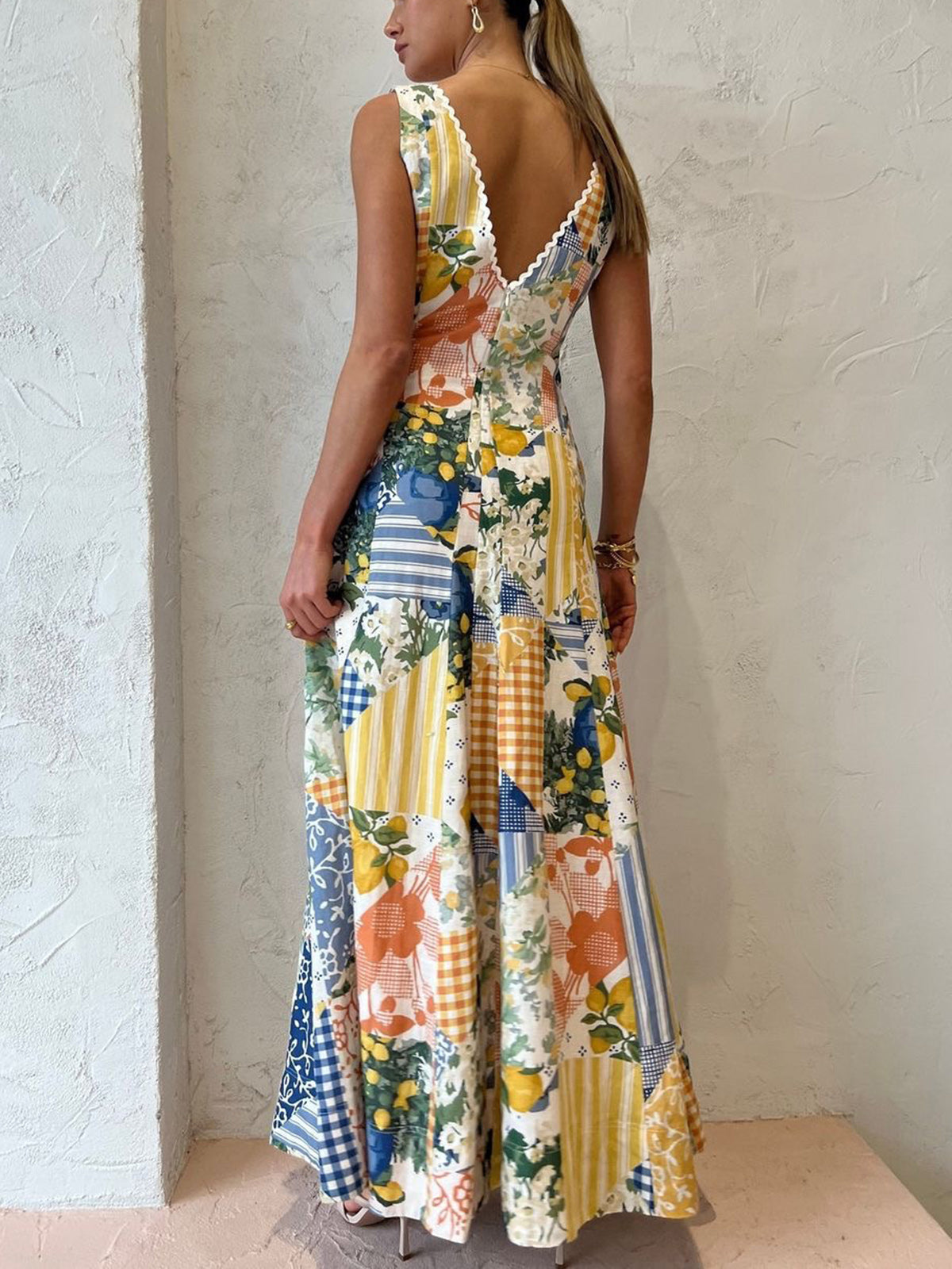 Women's Maxi Dress V-Neck White Patchwork Bohemian