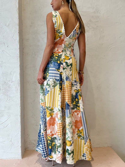 Women's Maxi Dress V-Neck White Patchwork Bohemian