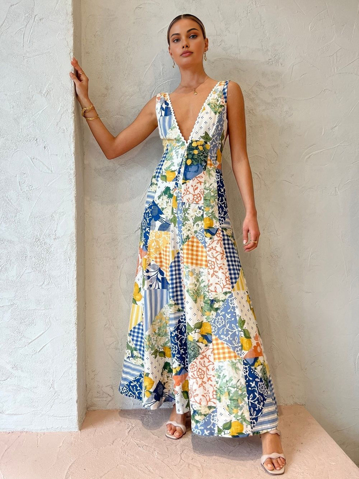 Women's Maxi Dress V-Neck White Patchwork Bohemian - VibreMode