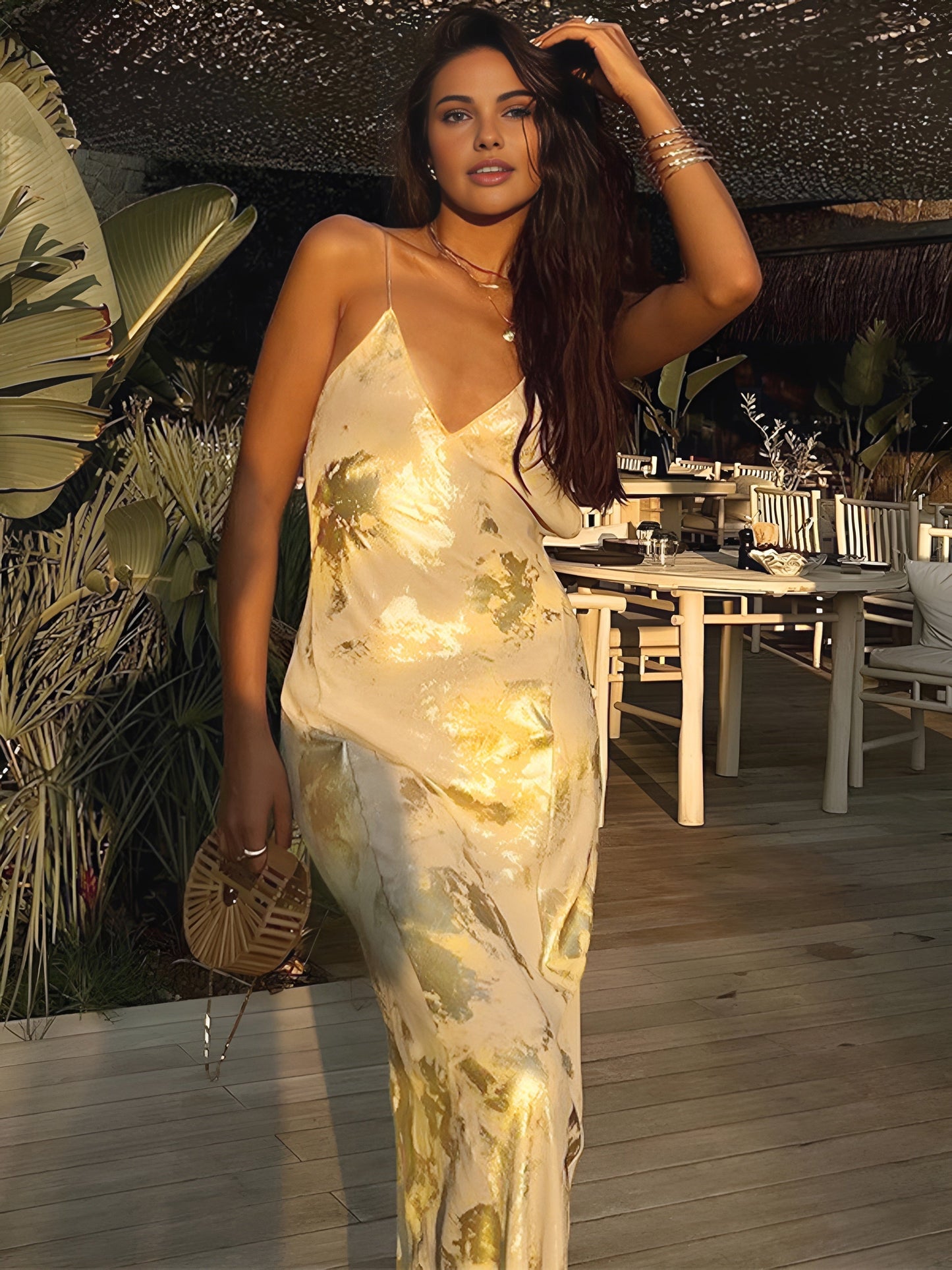 Women's V-Neck Halter Maxi Dress Metallic Print