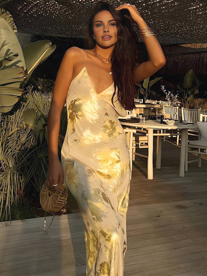 Women's V-Neck Halter Maxi Dress Metallic Print