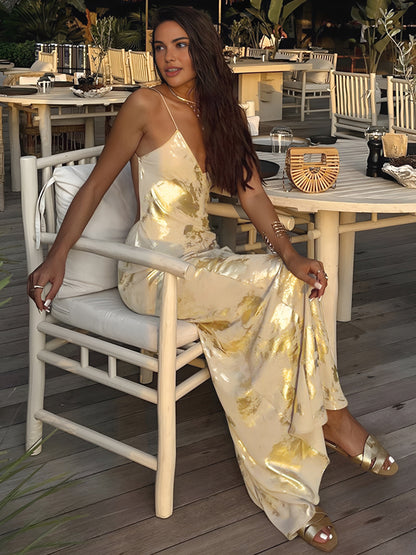 Women's V-Neck Halter Maxi Dress Metallic Print