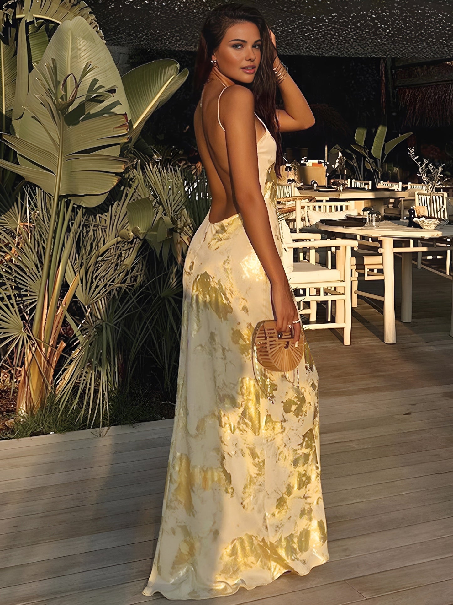 Women's V-Neck Halter Maxi Dress Metallic Print