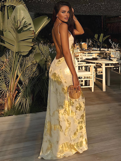 Women's V-Neck Halter Maxi Dress Metallic Print