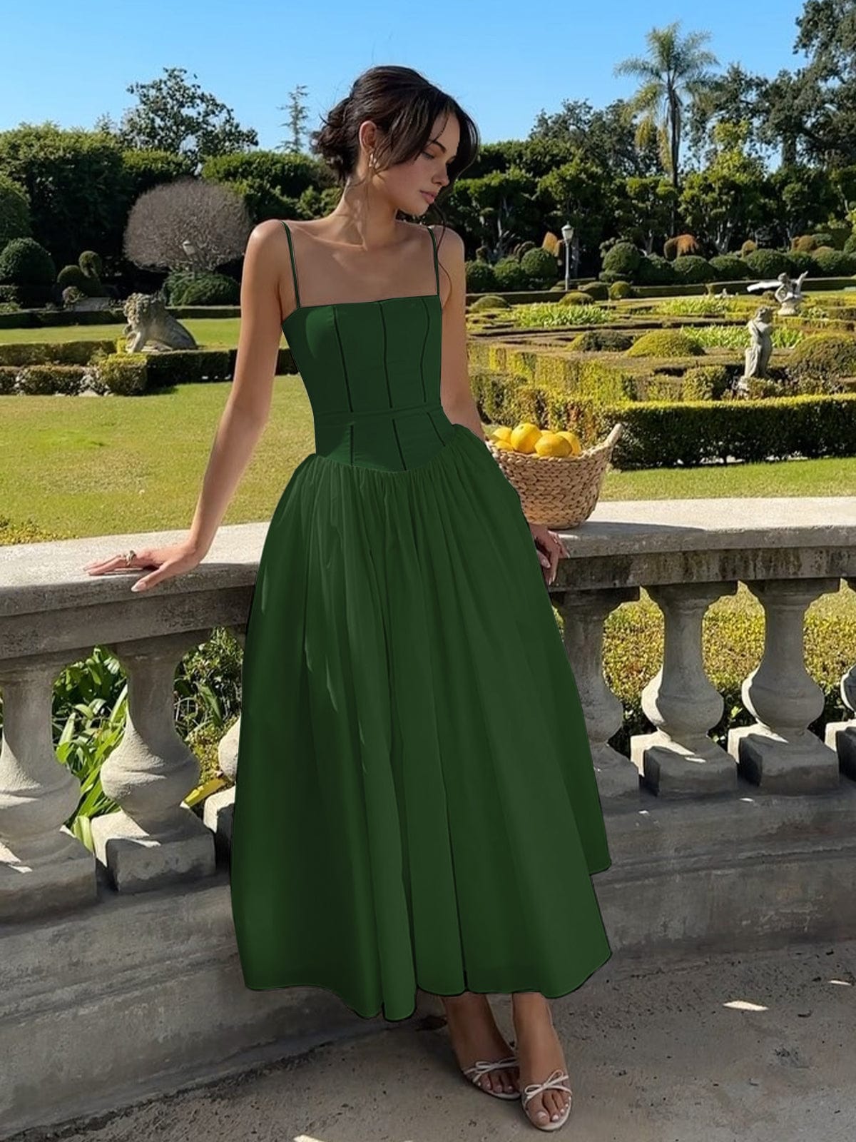 Women's Midi Dress Spaghetti Strap Corset Detail Square Neck Full