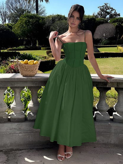 Women's Midi Dress Spaghetti Strap Corset Detail Square Neck Full