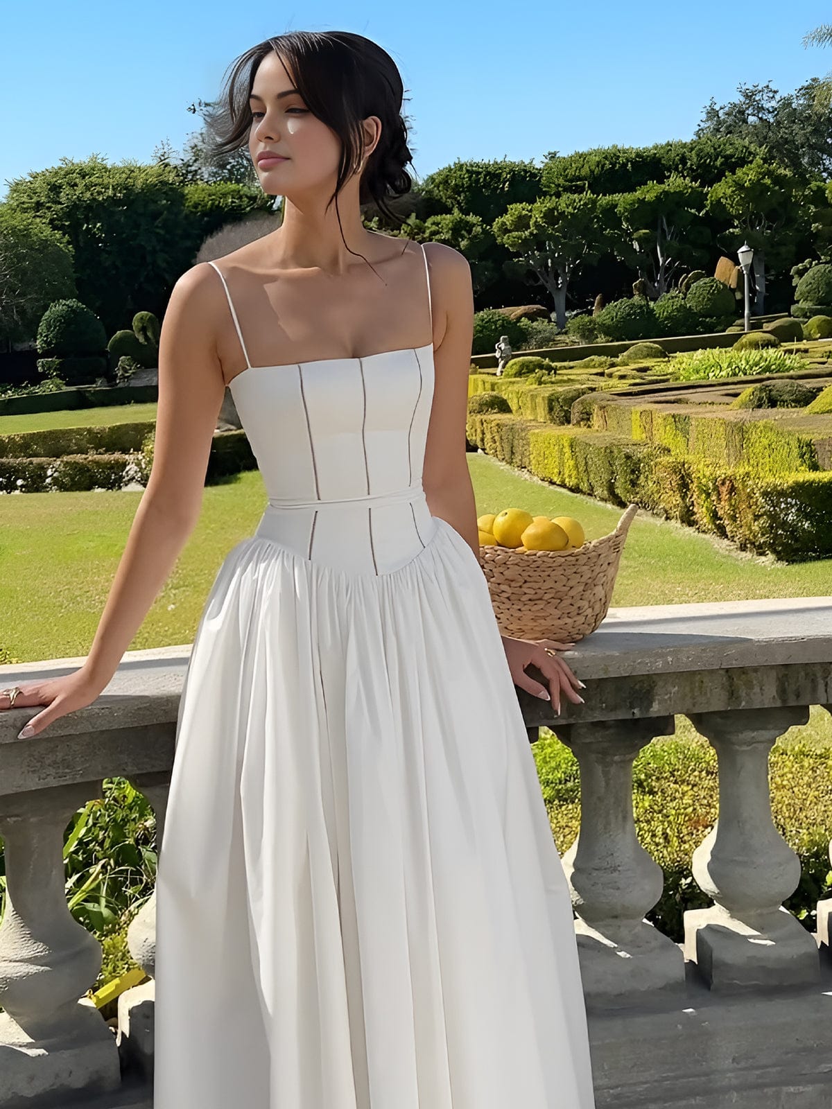Women's Midi Dress Spaghetti Strap Corset Detail Square Neck Full