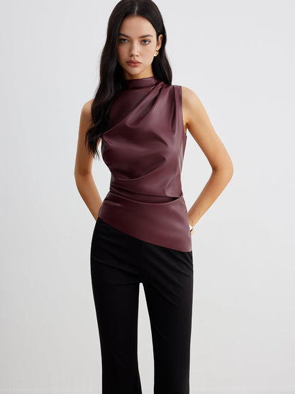 Women's Sleeveless High Neck Draped Design Gathered Waist