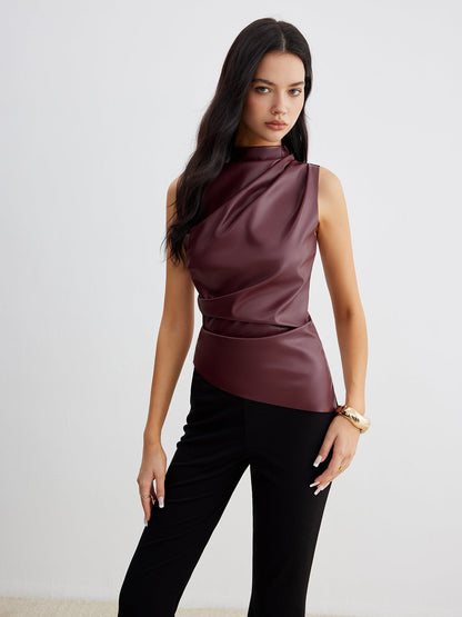 Women's Sleeveless High Neck Draped Design Gathered Waist