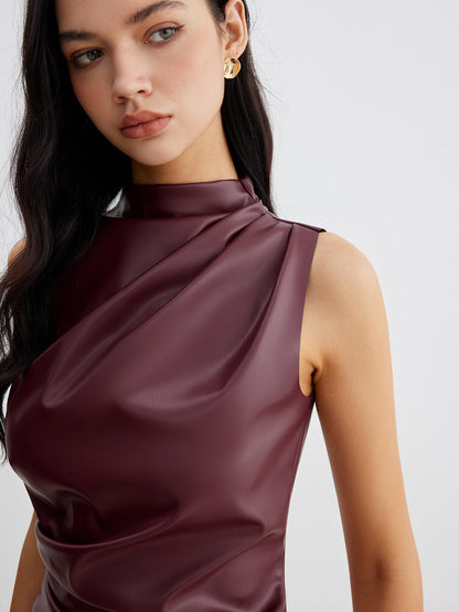 Women's Sleeveless High Neck Draped Design Gathered Waist