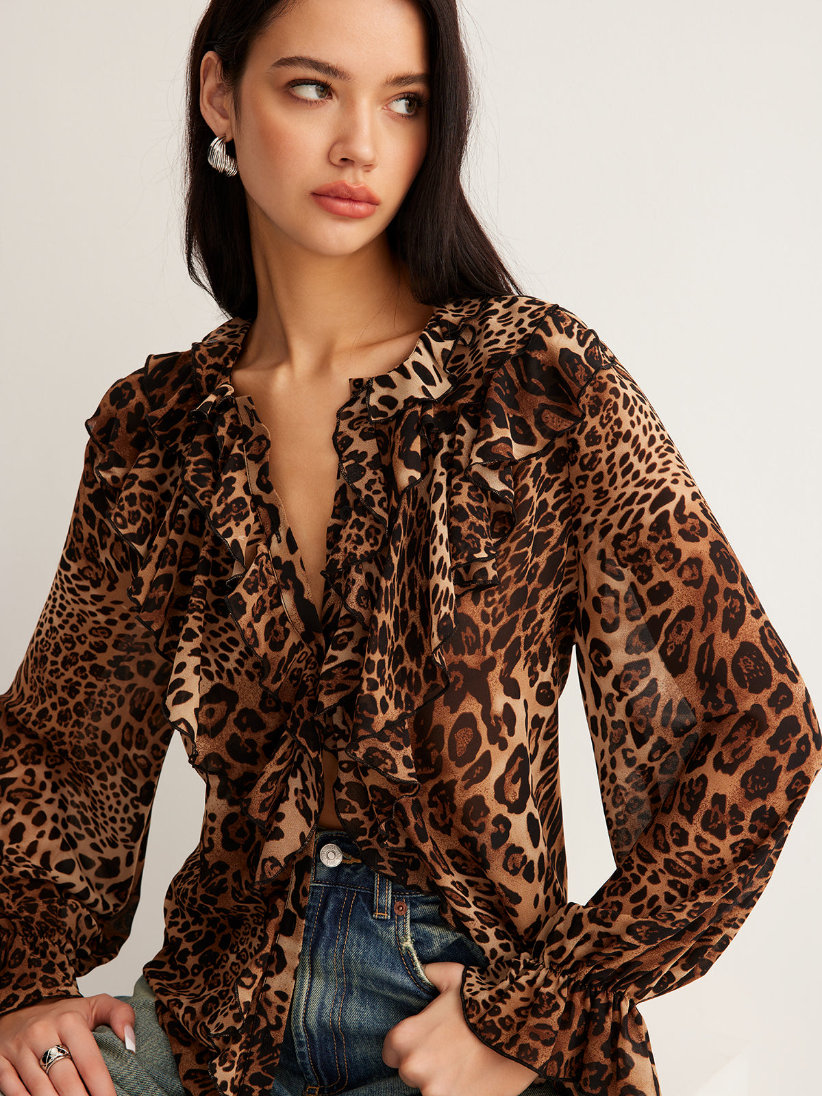 Women's Leopard Blouse Long Sleeve V-Neck Ruffle Trim - VibreMode