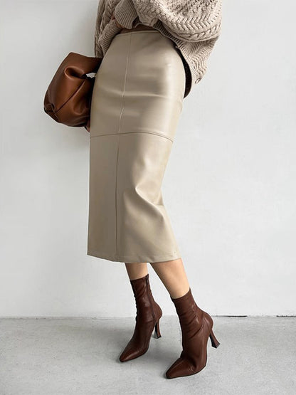 Women's High Waist Midi Skirt Back Zip Black - VibreMode