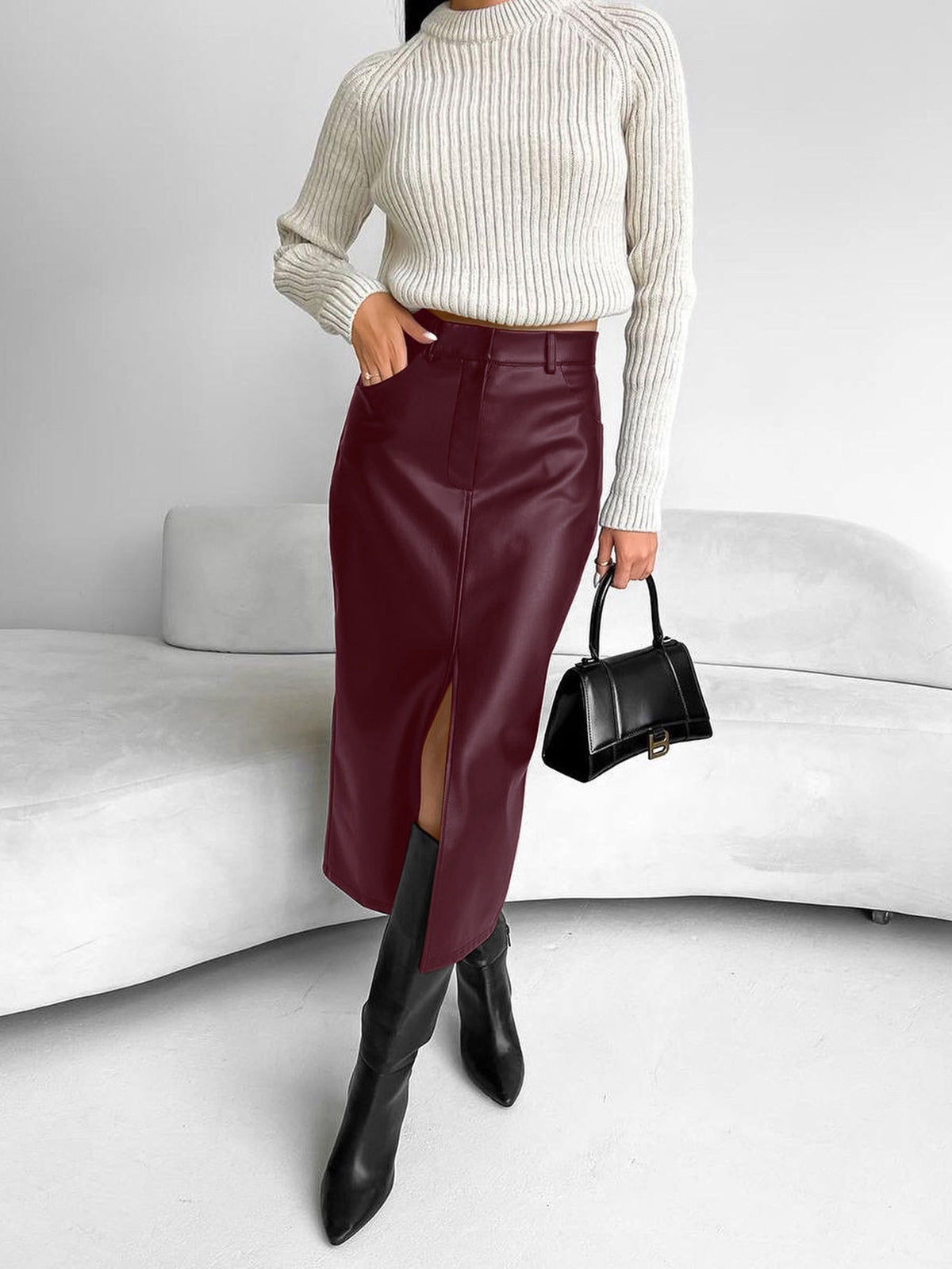 Women's High Waist Midi Skirt Front Slit Belt Loops