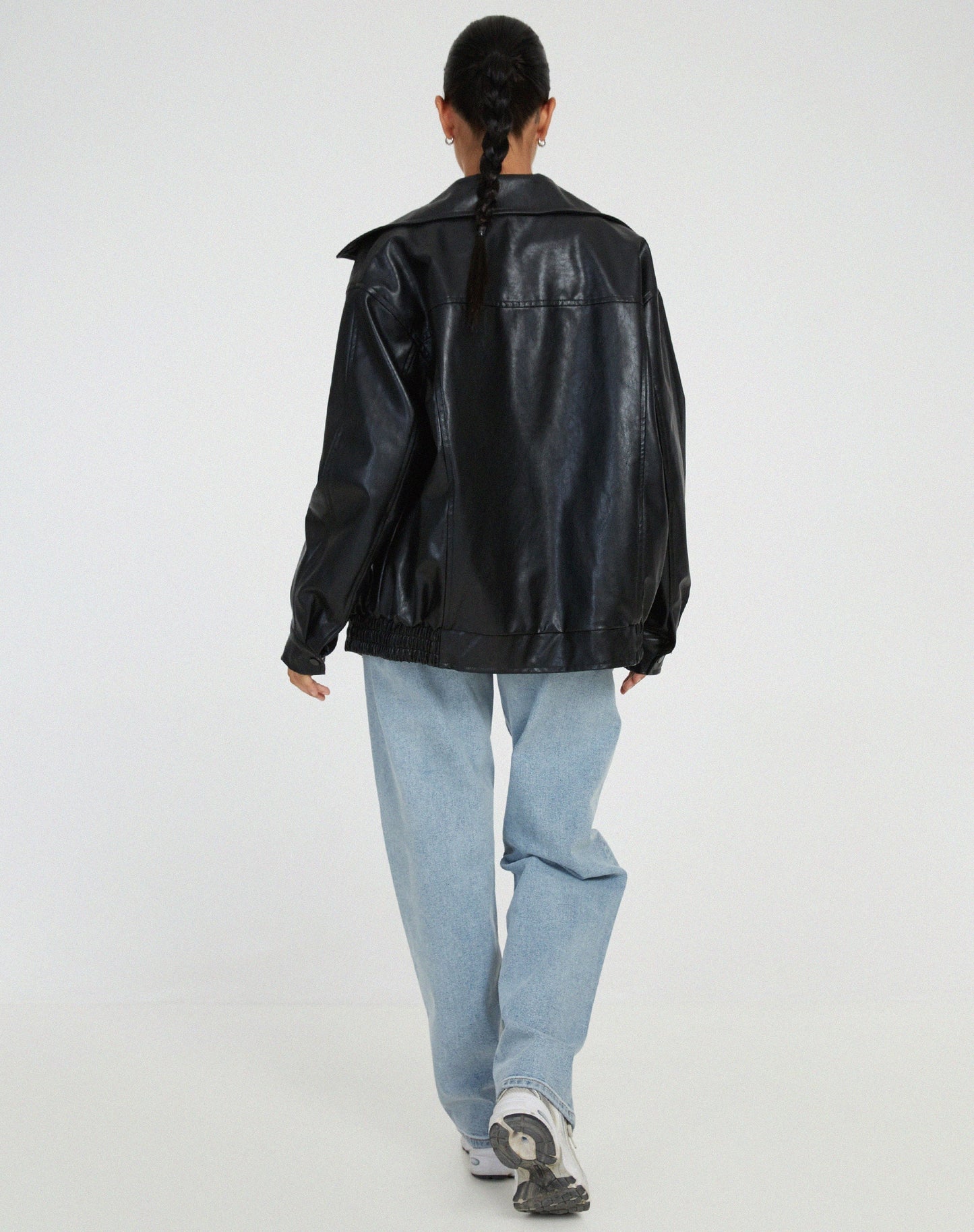 Women's Leather Zip-Up Jacket High Collar Relaxed Fit Black
