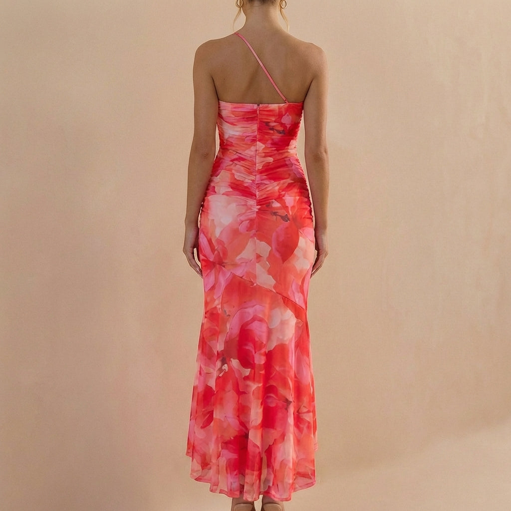 Women's One-Shoulder Maxi Dress Mesh Ruched Detail