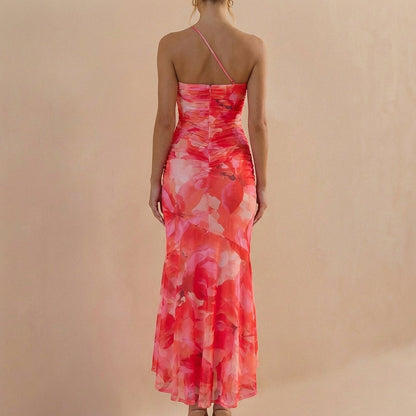 Women's One-Shoulder Maxi Dress Mesh Ruched Detail