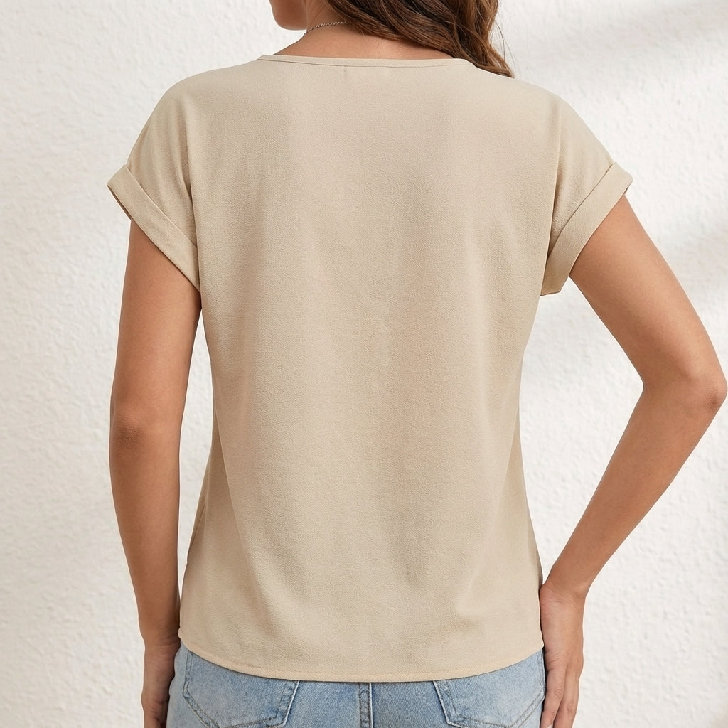 Women's Relaxed Fit V Neck Twist Front Cuffed Sleeves