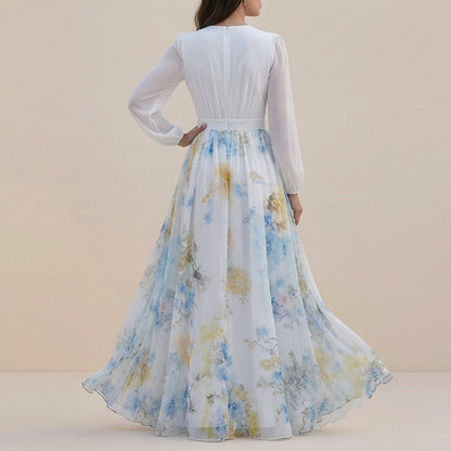 Women's Chiffon Maxi Dress Floral Belted Waist