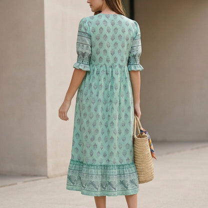 Women's V-Neck Maxi Dress Lantern Sleeves Tiered Skirt