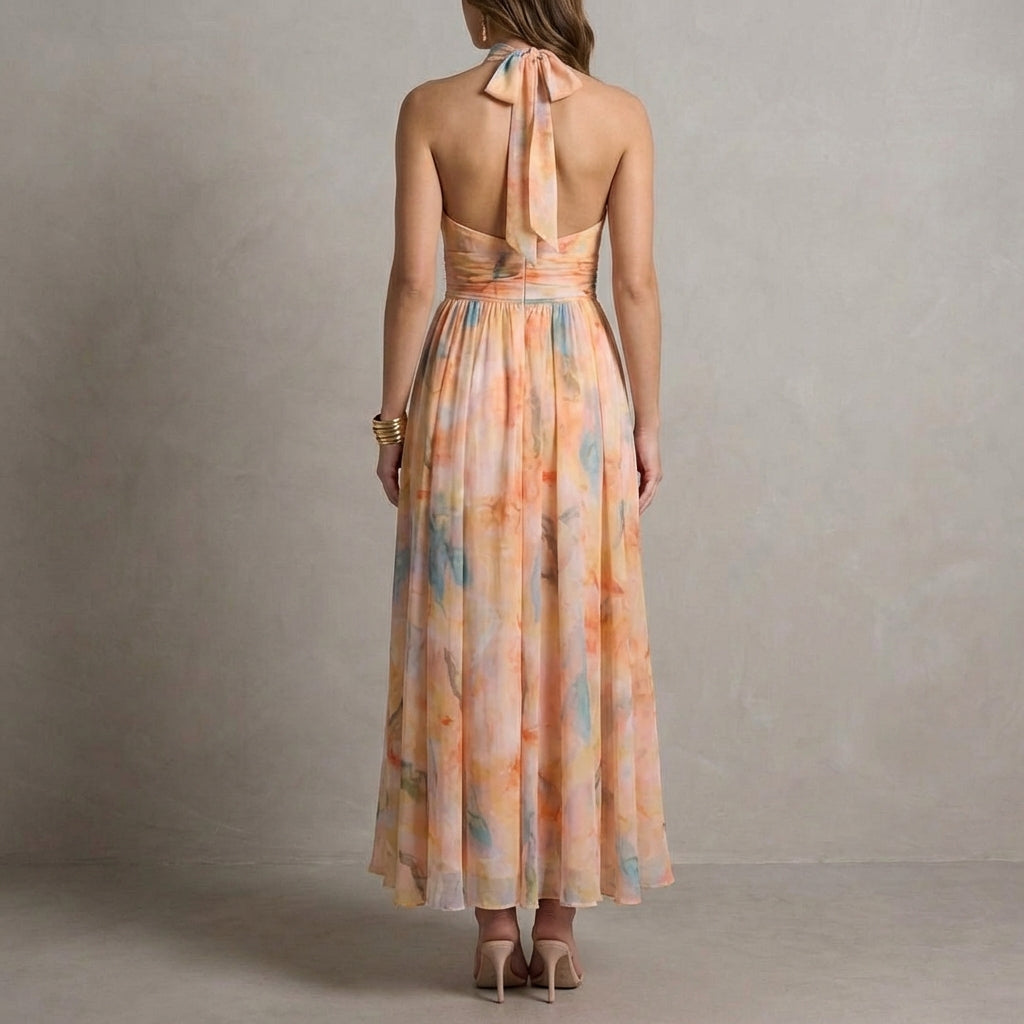 Ariellea Women's Halter Neck Maxi Dress Chiffon Waist Tie