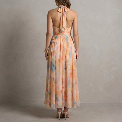 Ariellea Women's Halter Neck Maxi Dress Chiffon Waist Tie