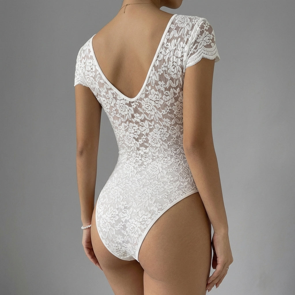 Women's Lace V-Neck Bodysuit Scalloped Trim