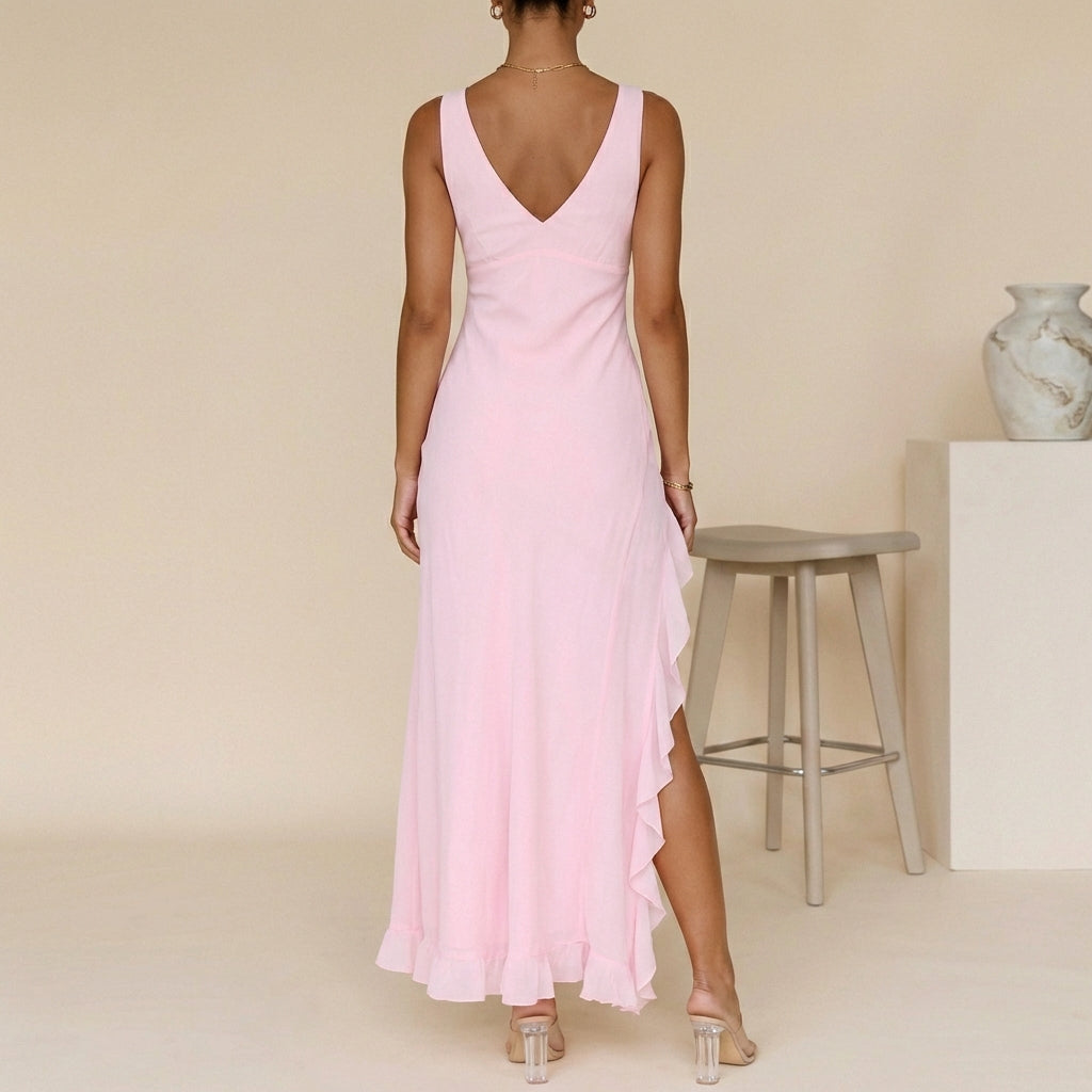 Women's Chiffon Maxi Dress Ruched Bodice Ruffled Slit