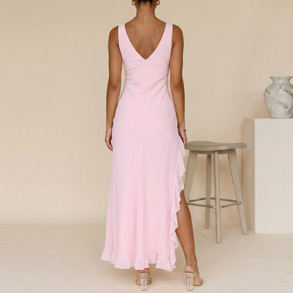 Women's Chiffon Maxi Dress Ruched Bodice Ruffled Slit