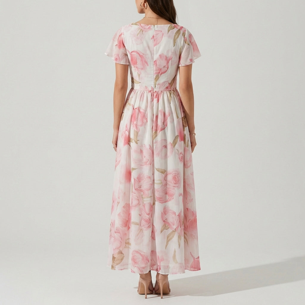 Women's V-Neck Evening Gown Flutter Sleeves