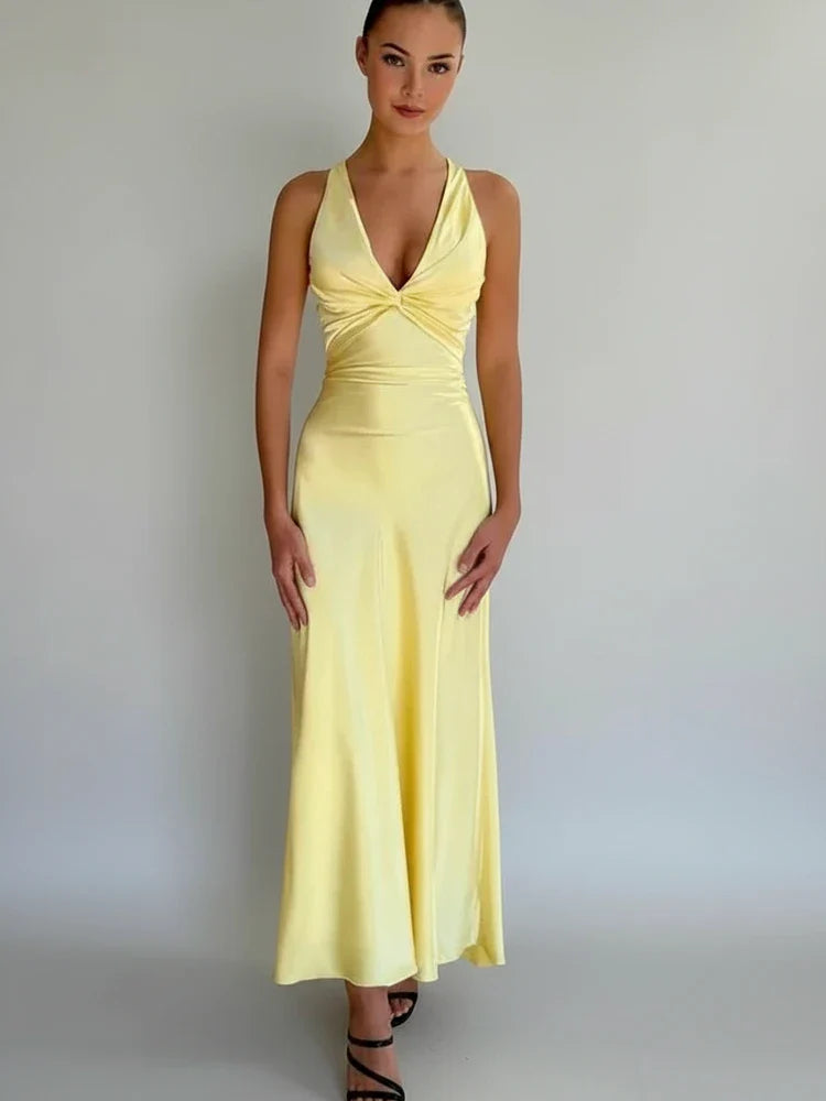 Women's A-Line Midi Dress Backless Design - VibreMode