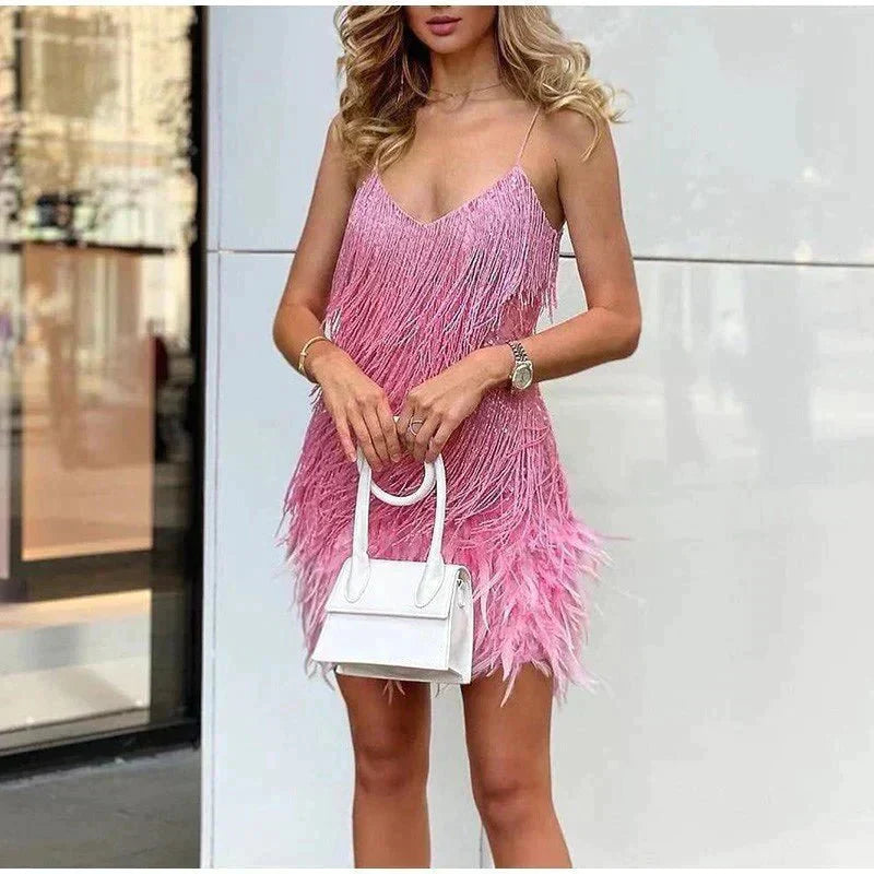 Women's Feather Mini Dress Glamorous Playful